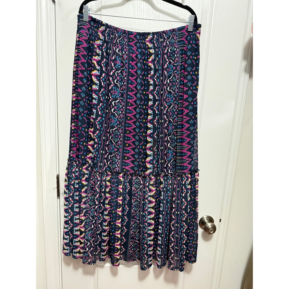 Knox Rose Boho Maxi Skirt Geometric Print Smocked Waist Tiered Women‎ XL Aztec